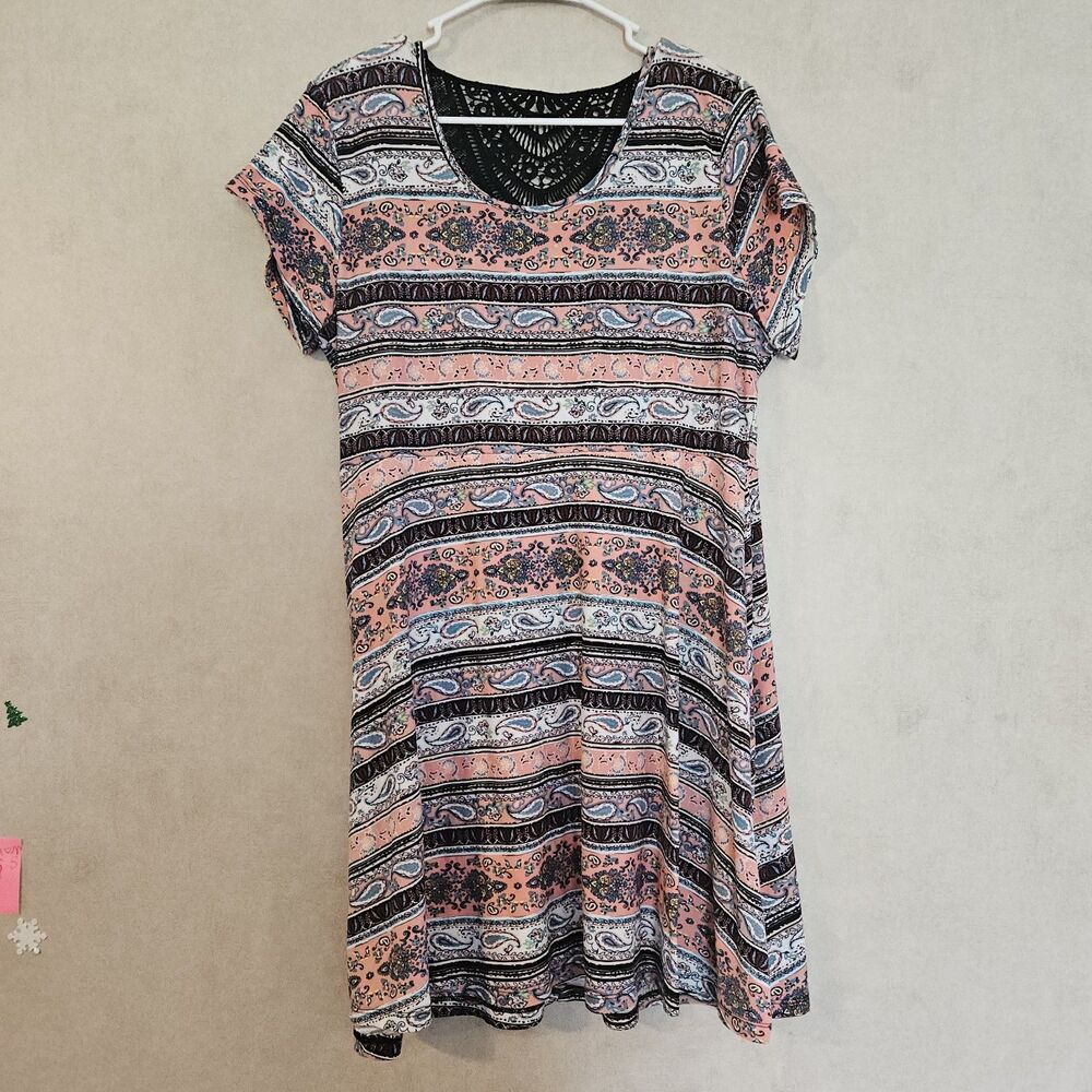 Womens Boho Swing Dress Paisley Print Crochet Lace Neck Short Sleeve Medium